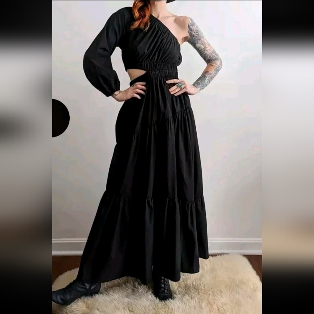 Little Lies Black Boho One Long Sleeve Midi Maxi Long Dress Side Cut Out Size XS